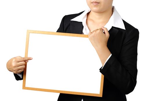 Asia businesswoman showing blank signboard isolated on white background, clipping path.
