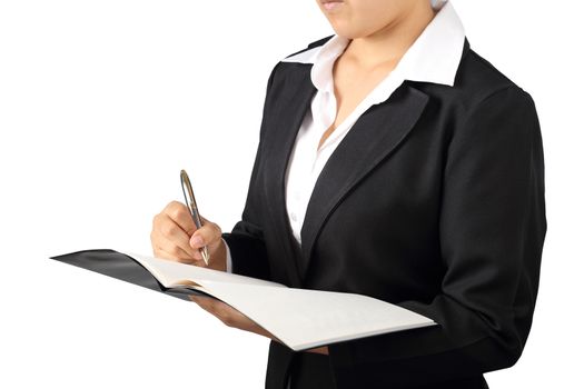 Businesswoman holding a pen for signing or writing isolated on white background, clipping path.