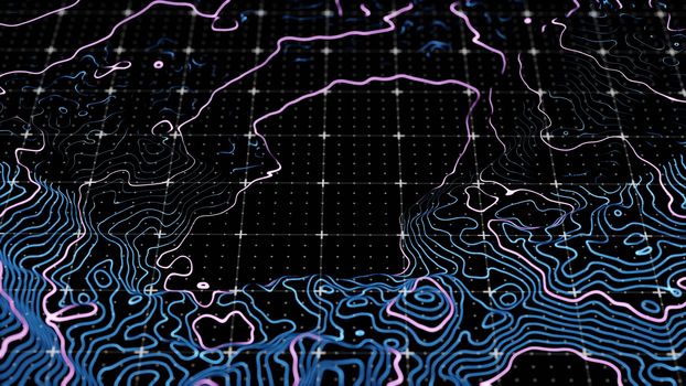 Abstract technological image of glowing topographical map. The concept of digital data. 3D illustration