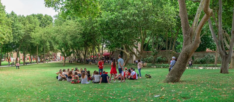 Istambul, Turkey – 07.12.2019. Tourists visit Topkapi Park in Istambul on a cloudy summer day