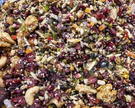 food healthy background of nut seeds and dried fruits