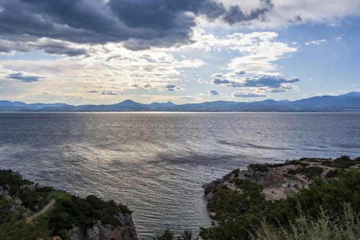 Cape Melagkavi shoreline at gulf of Corinth, Greece