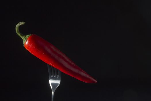 Red chili peppers impaled on a fork on a black background