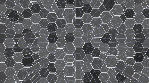 Abstract background of colorful outline hexagons. 3D illustration. Wire-frame style.