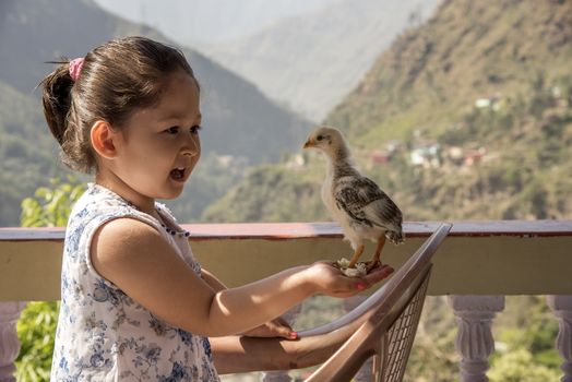 Girl holding a fluffy chicken in her hand outdoors.