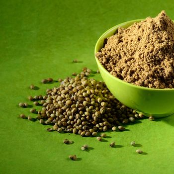 Coriander seeds and Powdered coriander in green container on green background