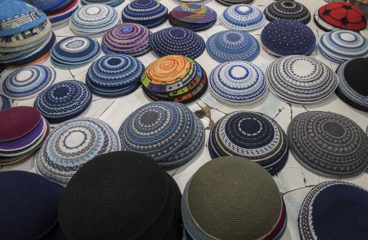 yarmulkes kippah collection in shop on the souk market in jerusalem