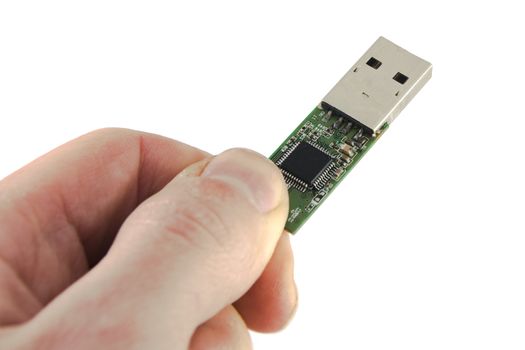 Inside usb structure in hand. Exposed circuit of Usb flash drive