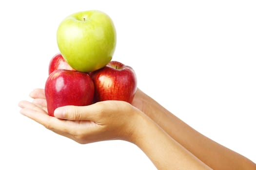 woman hand holding many apple isolated on white background, clipping path.