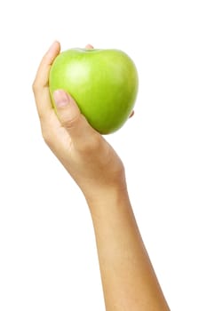 woman hand holding green apple isolated on white background, clipping path.