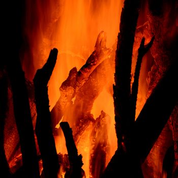 Close up of burning logs in the fireplace on black background