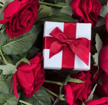 Gift box in red roses for Valentines Day