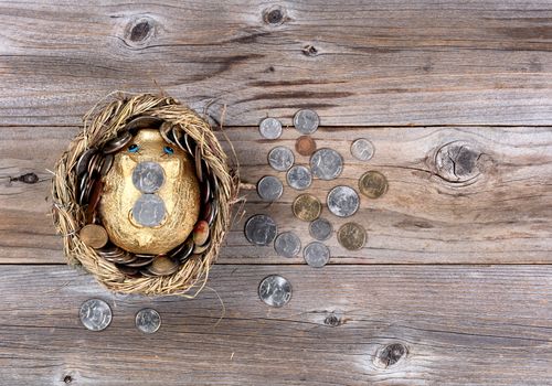 Flat view of nest egg with piggy bank and coin money on rustic wooden background with copy space
