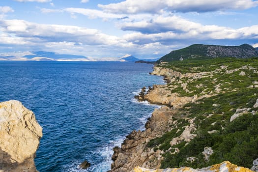 Cape Melagkavi shoreline at gulf of Corinth, Greece