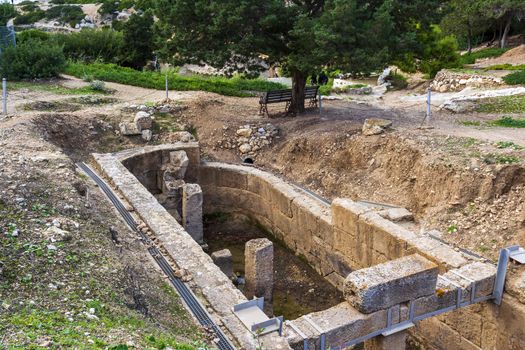 The Double-apsidal Cistern ruins, west of the Sanctuary of Hera Limenia, Greece.