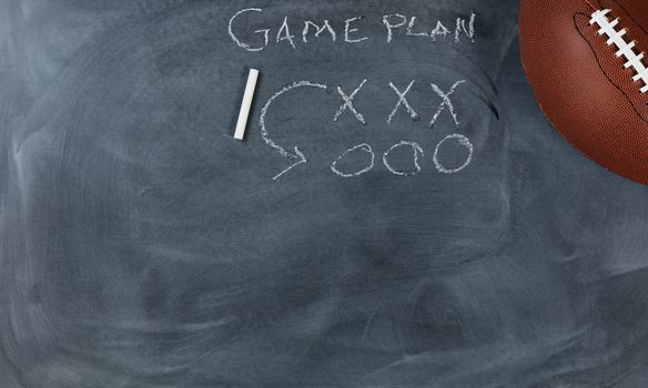 Overhead view with American sport football on chalkboard with game plan. Horizontal format with copy space. 