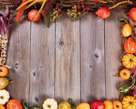 Overhead view of seasonal autumn gourd decorations, complete borders, on rustic wooden boards. 