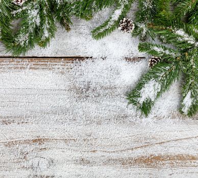 Snowy Christmas fir branches on rustic wood in flat lay format