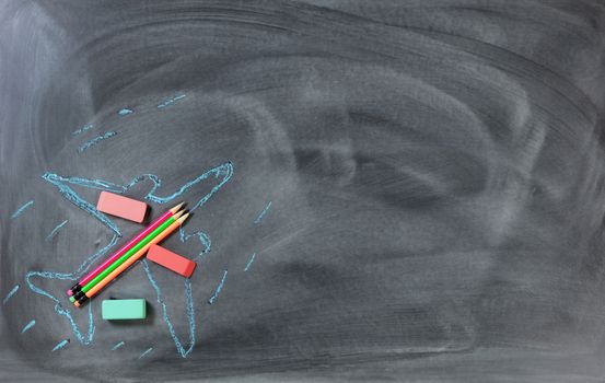 Back to school chalkboard with airplane consisting of pencils and erasers 