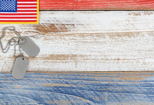 Red, white and blue American flag with ID tags for Memorial Day or Veteran Day background
