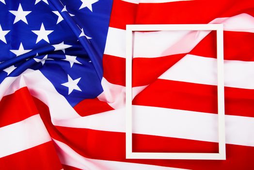 President's Day Concept, flat lay top view, America Flag and photo frame background with copy space for your text