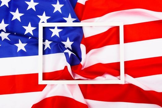 President's Day Concept, flat lay top view, America Flag and photo frame background with copy space for your text