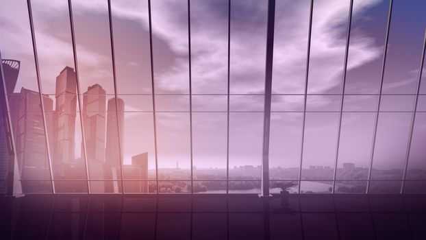 Large panoramic window in an empty office with a view of the city landscape with skyscrapers.