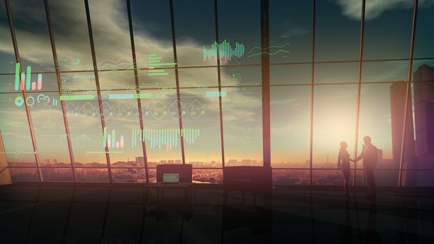 Silhouettes of business people in a handshake and virtual infographics on the background of a large window with a view of the city landscape at sunset.