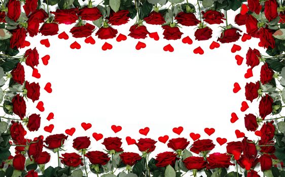 Red roses and the paper hearts border frame isolated on white background, Valentine's Day