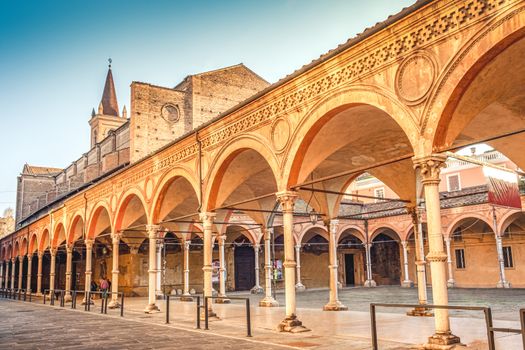 Bologna local landmark of Emilia Romagna region of Italy - Santa Maria dei Servi or Santa Lucia church and archway or Portico .