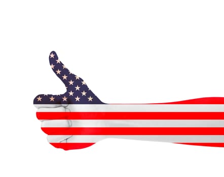 Isolated of thumb up man's hand sign on USA flag over white background with clipping path. 