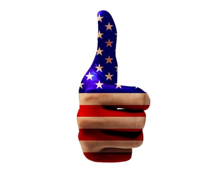 Isolated of thumb up woman's hand sign on USA flag over white background with clipping path. 