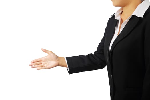 Businesswoman in black suit offering to shake the hand isolated over white background, clipping path.