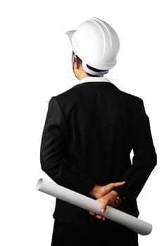 architecture holding blueprint and safety helmet in her hand isolated on white background, clipping path.