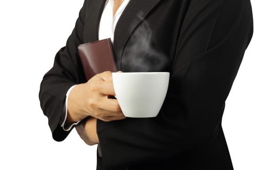 Coffee break, Young businesswoman enjoying in a cup of coffee isolated on white background, clipping path.