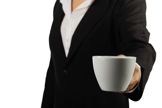 Coffee break, Young businesswoman enjoying in a cup of coffee isolated on white background, clipping path.