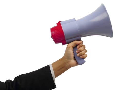 Businessman's hand holding megaphone isolated on white background, clipping path.