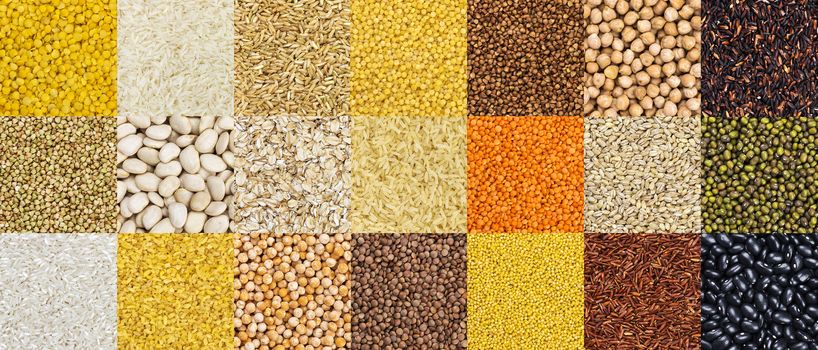 Pattern of different cereals, grains, rice and beans backgrounds. Closeup