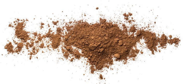 Pile cocoa powder isolated on white background, top view