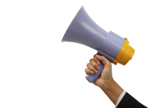 Businessman's hand holding megaphone isolated on white background, clipping path.