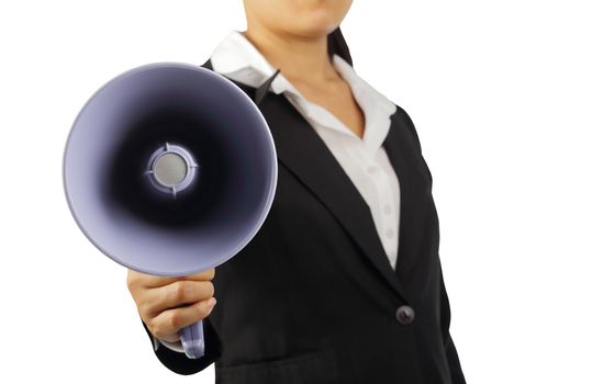 Front view of businesswoman holding megaphone isolated on white background, clipping path.