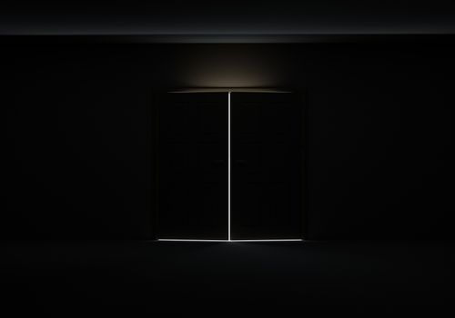 Doors opening to show bright light in the darkness. 3d illustration