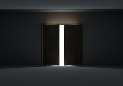 Doors opening to show bright light in the darkness. 3d illustration