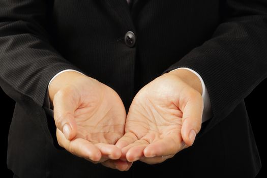 Businessman's hands to showing something isolated on white background with clipping path, concept advertisement product.