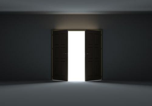 Doors opening to show bright light in the darkness. 3d illustration