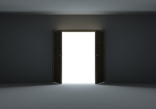 Doors opening to show bright light in the darkness. 3d illustration