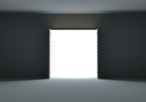 Doors opening to show bright light in the darkness. 3d illustration