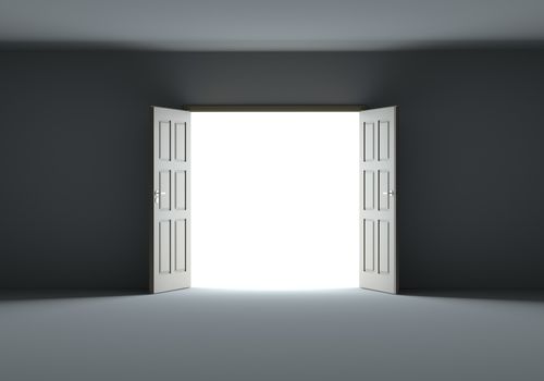 Doors opening to show bright light in the darkness. 3d illustration