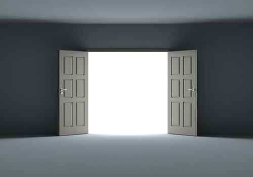 Doors opening to show bright light in the darkness. 3d illustration