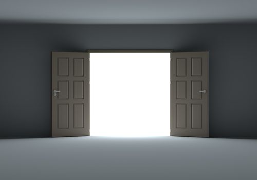 Doors opening to show bright light in the darkness. 3d illustration